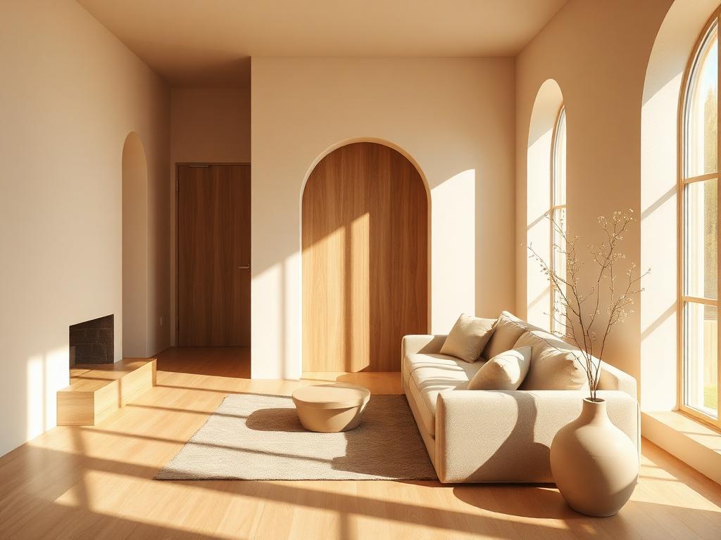 Salotto luminoso con legno chiaro e tessuti naturali